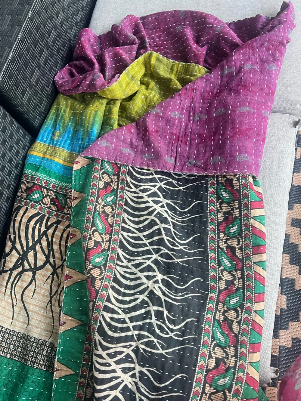 Vibrant Purple Patchwork Kantha Twin size Blanket with Chartreuse Trim